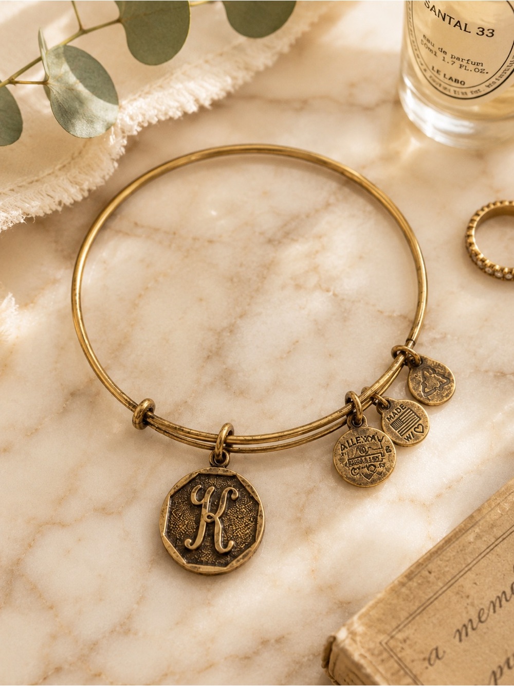 Alex and Ani K Initial Gold Tone Expandable Charm Bangle Bracelet Monogram Gift
